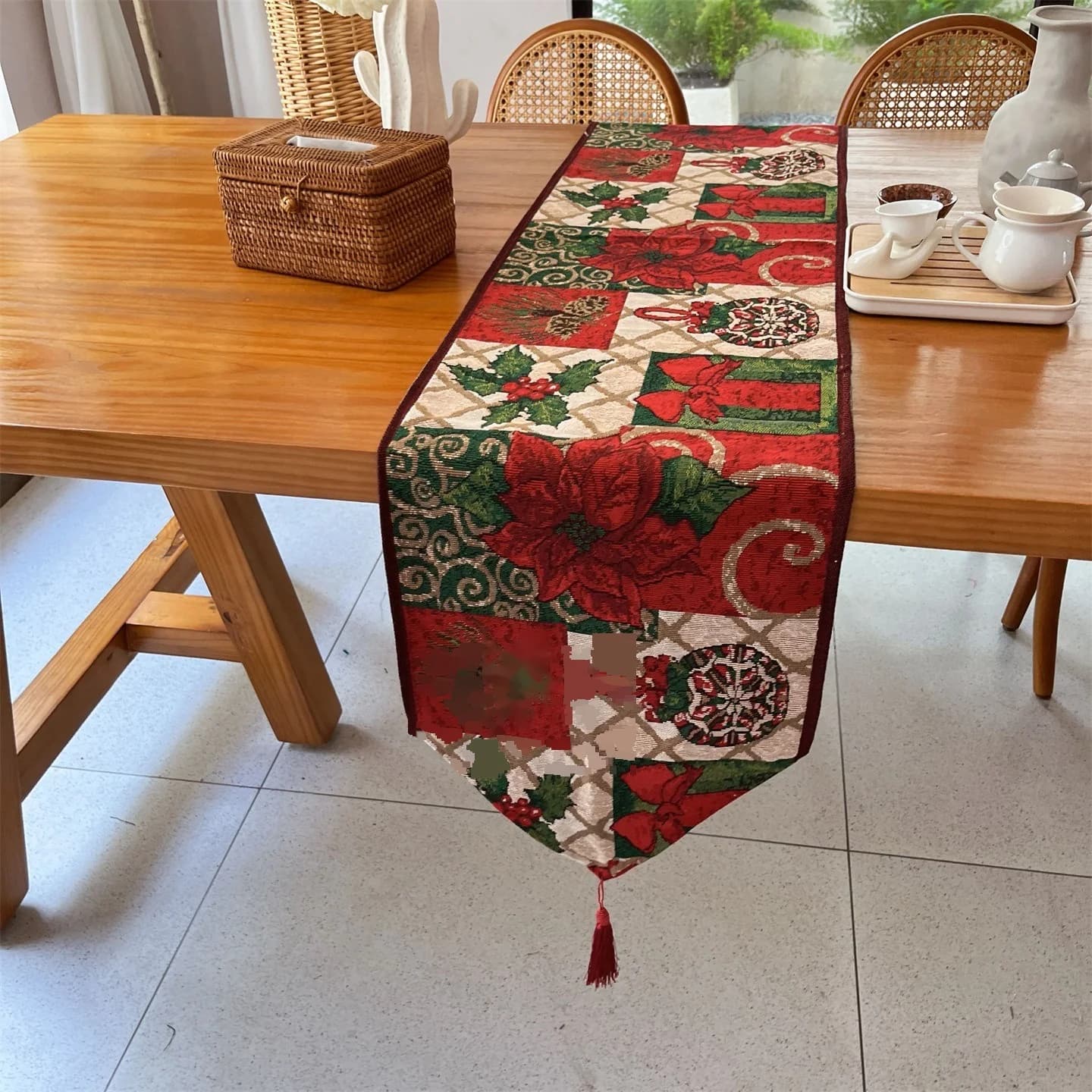 Χριστουγεννιάτικο Τραπέζι Ράνερ Κόκκινο Floral Διακόσμηση Εορτών